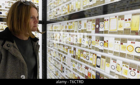 Junge Frau, die die Anzeige von Insekten und Mikroorganismen leben auf der neon-Viewer im Grant Zoologisches Museum. London Stockfoto