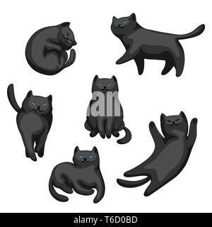 Eingestellt von Cartoon schwarzen Katzen. Cute Pets auf weißem Hintergrund. Stock Vektor