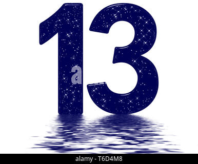 Ziffern 13, 13, Stern Himmel Textur Imitation, auf der Wasseroberfläche reflektiert, auf Weiß, 3D-Render isoliert Stockfoto