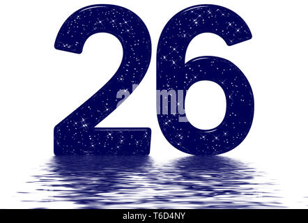 Ziffern 26, 26, Stern Himmel Textur Imitation, auf der Wasseroberfläche reflektiert, auf Weiß, 3D-Render isoliert Stockfoto
