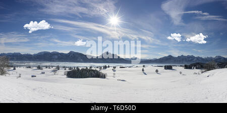 Panorama Landschaft in Bayern mit Alpen Berge und der hopfensee in der Region Allgäu. Stockfoto