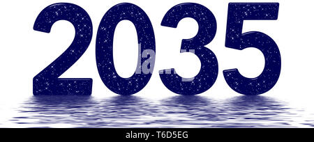 Inschrift 2035 Star Sky Textur Imitation, spiegelt sich auf der Wasseroberfläche, auf Weiß, 3D-Render isoliert Stockfoto