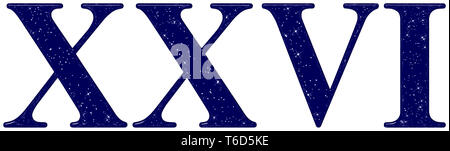 Die römische Ziffer 26, 26, Stern Himmel Textur Imitation, auf weißem Hintergrund, 3D-Rendering Stockfoto