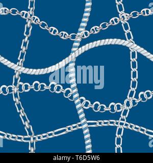 Nahtlose Muster mit retro Handskizze silber Kette auf blauem Hintergrund. Zeichnung Gravur Textur. Tolles Design für Mode, Textil, decorativ Stock Vektor