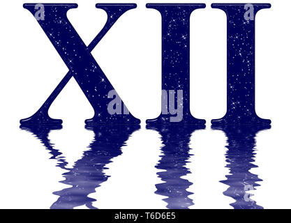 Die römische Ziffer 12, zwölf, Star Sky Textur Imitation, auf der Wasseroberfläche reflektiert, auf Weiß, 3D-Render isoliert Stockfoto