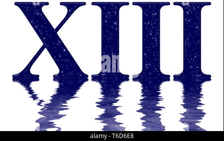 Die römische Ziffer 13, 13, Stern Himmel Textur Imitation, auf der Wasseroberfläche reflektiert, auf Weiß, 3D-Render isoliert Stockfoto