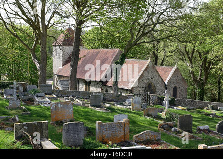 Die Kirche des Hl. Laurentius, Telscombe, gebadet in der Frühlingssonne, liegt eingebettet zwischen Bäumen in einem South Downs Valley, East Sussex. Stockfoto