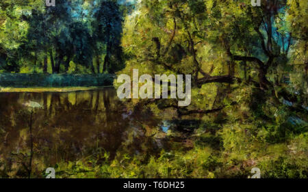 Schöne Malerei. Grüner Baum am Ufer im Sommer Stockfoto