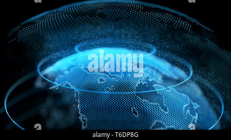 Bewegung der Erde Digital Globe transparente Oberfläche. Planet Rotation kleinere Objekt in Karte Welt Künftige wissenschaftliche Technologie. Geschäftskonzept Universum Erforschung Konzept 3D Animation Stockfoto
