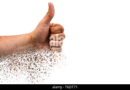 Hand mit Daumen hoch, auf weißem Hintergrund. Ok Zeichen durch den Menschen. Wie hand mit Dispersion Wirkung. Abneigung Konzept Stockfoto