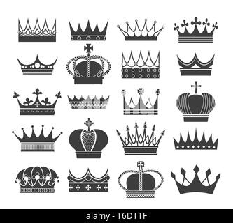 Retro Krone Silhouetten. Edle antike Kronen, Vektor Erbe und Royal heraldische Symbole auf weißem Hintergrund Stock Vektor