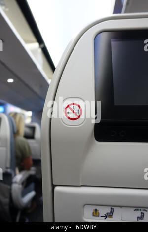 No smoking sign auf Fluglinie Sitz Stockfoto