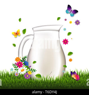 Kanne mit Milch und Gras und Blumen weißer Hintergrund Stockfoto