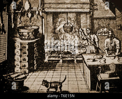 Ein Kupferstich aus dem 17. Jahrhundert Küche Szene in einem großen oberen Klasse Haushalt mit Bäcker, Koch und Schweine auf Braten am Spieß und Brotteig erweist sich in der Nähe der Feuer. Stockfoto