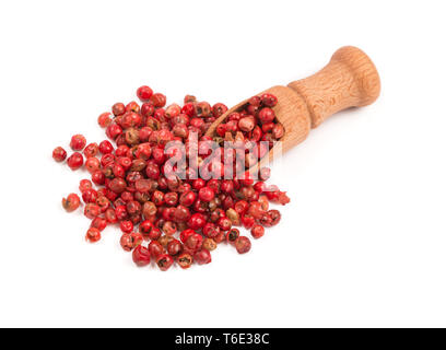 Rosa Pfeffer, Rote Pfefferkörner in einem Löffel aus Holz Stockfoto