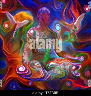 Abbildung der Mann mit Labyrinth Muster im Lotussitz. Männer mit Flügeln stellt Engel Stockfoto