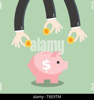 Business Hände legen Sie Geld und Münze in das Sparschwein. Sparen und Geld anlegen. Stock Vektor