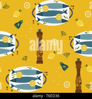 Flache Hand gezeichneten Fisch kochen Icons nahtlose Muster Stock Vektor