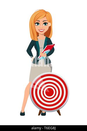 Konzept des modernen Business Woman. Fröhliche Zeichentrickfigur Geschäftsfrau mit blonden Haaren steht in der Nähe von Ziel. Vector Illustration. Stock Vektor