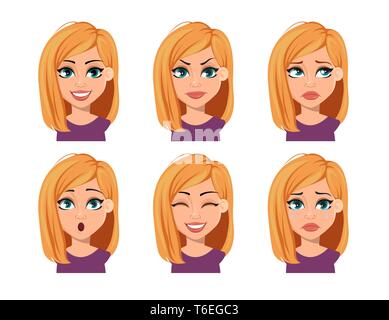 Die Mimik der Frau mit blonden Haaren. Verschiedene weibliche Emotionen. Schönen cartoon Charakter. Vector Illustration auf weißem Hintergrund. Stock Vektor