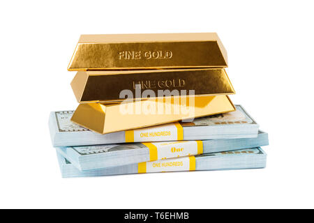 Stapel Geld und Gold Stockfoto