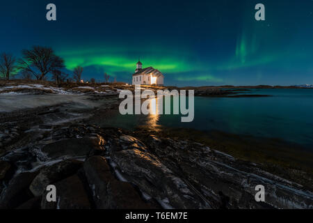 Lofoten Gimsoya Kirche Aurora Borealis Stockfoto