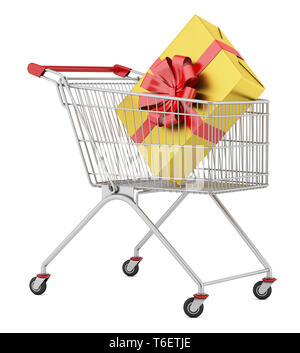 Shopping Cart mit Geschenkbox auf weißem Hintergrund Stockfoto