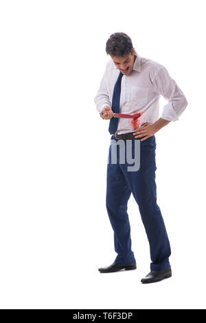Verletzte Geschäftsmann mit Blutflecken isoliert auf weißem backgrou Stockfoto