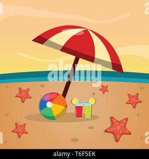 Regenschirm, Saft und Seesterne am Strand für Sommer Konzept Vector Illustration Stock Vektor