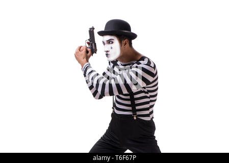 Mime mit Pistole auf weißem Hintergrund Stockfoto