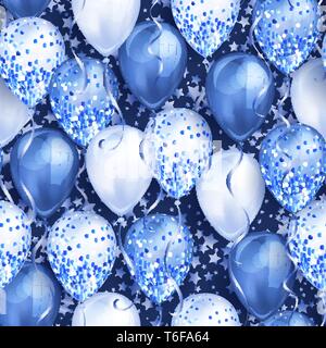 Nahtlose Muster mit Stars und glänzende blaue realistische 3D-Helium Luftballons für Ihre Konstruktion. Glänzend Ballone mit Glitzer und Farbband, perfekte Hintergrund f Stock Vektor