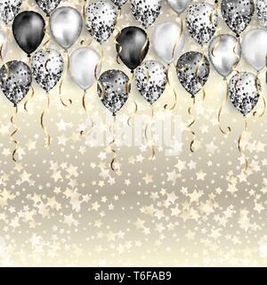 Hintergrund mit Sternen Konfetti und schwarzen und weißen Luftballons als obere Grenze. Glänzend glänzend realistische Ballon mit Glitter und Gold Ribbon, Vektor Dekoration Stock Vektor