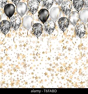 Weißer Hintergrund mit Sternen Konfetti und schwarzen und weißen Luftballons als obere Grenze. Glänzend glänzend realistische Ballon mit Glitter und Gold Ribbon, Vektor de Stock Vektor