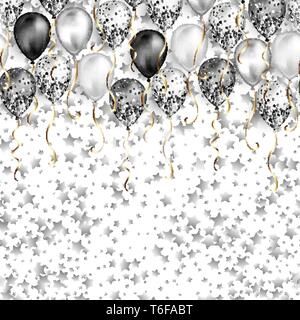 Weißer Hintergrund mit Sternen Konfetti und schwarzen und weißen Luftballons als obere Grenze. Glänzend glänzend realistische Ballon mit Glitter und Gold Ribbon, Vektor de Stock Vektor