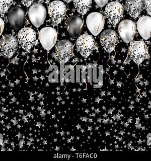 Hintergrund mit Sternen Konfetti und schwarzen und weißen Luftballons als obere Grenze. Glänzend glänzend realistische Ballon mit Glitter und Gold Ribbon, Vektor Dekoration Stock Vektor