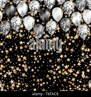 Hintergrund mit Sternen Konfetti und schwarzen und weißen Luftballons als obere Grenze. Glänzend glänzend realistische Ballon mit Glitter und Gold Ribbon, Vektor Dekoration Stock Vektor