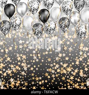 Hintergrund mit Sternen Konfetti und schwarzen und weißen Luftballons als obere Grenze. Glänzend glänzend realistische Ballon mit Glitter und Gold Ribbon, Vektor Dekoration Stock Vektor