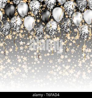 Hintergrund mit Sternen Konfetti und schwarzen und weißen Luftballons als obere Grenze. Glänzend glänzend realistische Ballon mit Glitter und Gold Ribbon, Vektor Dekoration Stock Vektor