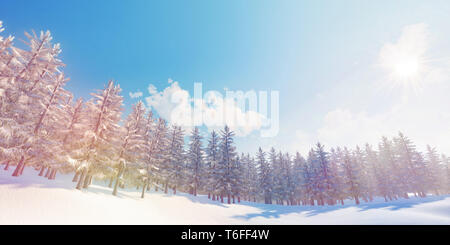 Bunte Panoramalandschaft: Winterlich verschneite Wälder. (Rückplatte für das Auto, digitaler 3D-Rendering-Computer.) Stockfoto