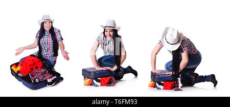 Frau mit Suitacases Vorbereitung für Sommerurlaub Stockfoto