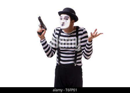 Mime mit Pistole auf weißem Hintergrund Stockfoto