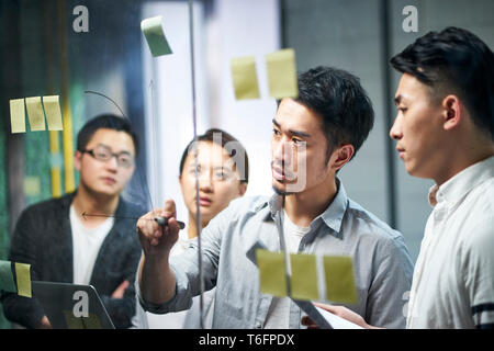 Junge asiatische Unternehmer von kleinen Unternehmen zeichnen Sie ein Diagramm auf Glas während Team Workshop im Büro diskutieren und Formulierung von Unternehmensstrategien.