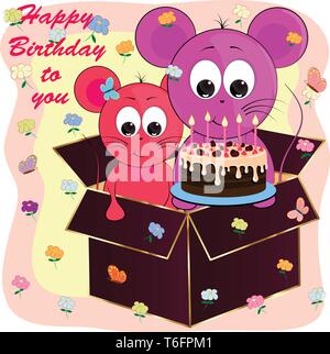 Mäuse in einer Geschenkbox cartoon Vector Illustration. Geburtstag Grußkarte mit Mäusen. Stock Vektor