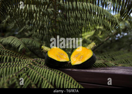 Nahaufnahme der homegrown Buttercup Squash schneiden Sie in der Hälfte Festlegung auf einen hölzernen Leiste zeigt die goldgelbe Fleisch, dunkel grüne Haut und Hellgrün Stockfoto