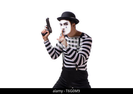 Mime mit Pistole auf weißem Hintergrund Stockfoto