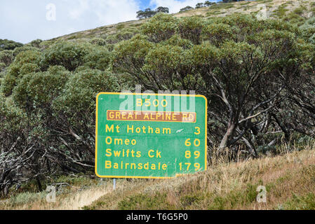 Great Alpine Road Road Sign in der Nähe von Mount Hotham im High Country Victoria Australien Stockfoto