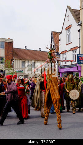 Glastonbury, Somerset, UK. 1. Mai 2019. Beltane feiern jedes Jahr statt zwischen der Tagundnachtgleiche im Frühjahr und Sommer am 1. Mai. Die Leute treffen sich, in Grün gekleidet, genießen Sie eine Parade, Musik und Tanz. Das Festival hat seine Wurzeln in der frühen Gaelic Saisonale Feste, es passt gut in das neue Zeitalter der Gemeinschaft, dass diese kleine Somerset Stadt zieht. Sie rund um das Kreuz in der Stadt versammeln, die Mai-Pol ist der König und die Königin, die zusammen mit den Grünen Männer der Mai-Pol zum Kelch gut tragen. Credit: Herr Standfast/Alamy leben Nachrichten Stockfoto