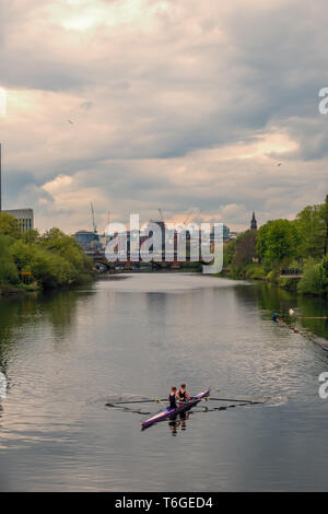 Glasgow, Schottland, Großbritannien. Mai, 2019. UK Wetter. Die Ruderer auf einer ruhigen Fluss Clyde an einem bewölkten Tag. Credit: Skully/Alamy leben Nachrichten Stockfoto