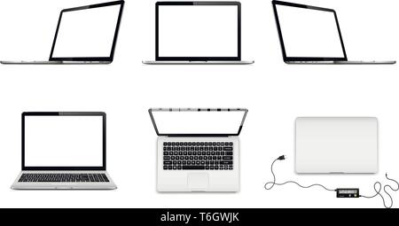 Eingestellt von Laptops in verschiedenen Positionen. Laptop mit leeren Bildschirm auf weißem Hintergrund. Vector Illustration. Stock Vektor