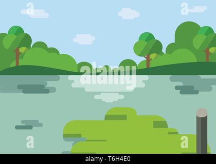 Natur Landschaft cartoon Design. Wunderschöner See mit Wald im flachen Stil. Fluss mit Hügel, Bäume, Wolken und Himmel Hintergrund. Stock Vektor